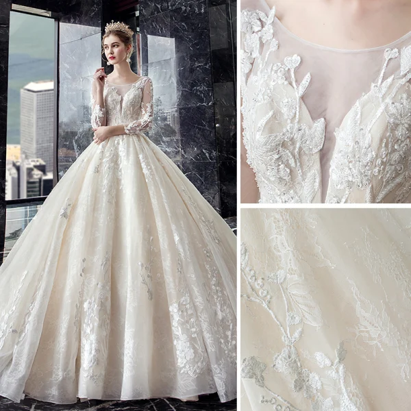 Eleganta Elfenben Bröllopsklänningar 2019 Prinsessa Urringning Beading Paljetter Spets Blomma 3/4 ärm Halterneck Royal Train