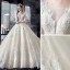 Eleganta Elfenben Bröllopsklänningar 2019 Prinsessa Urringning Beading Paljetter Spets Blomma 3/4 ärm Halterneck Royal Train