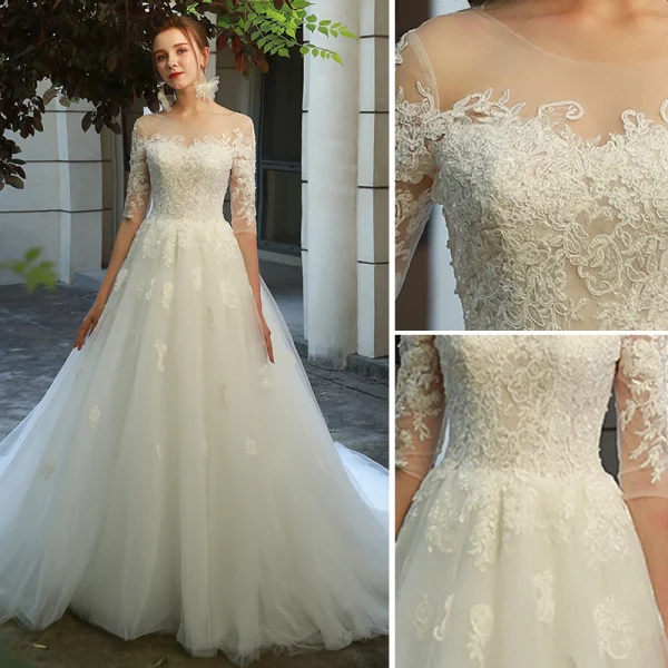 Elegant Ivory Wedding Dresses 2019 A-Line / Princess Scoop Neck Lace Flower 1/2 Sleeves Backless Chapel Train