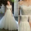 Elegant Ivory Wedding Dresses 2019 A-Line / Princess Scoop Neck Lace Flower 1/2 Sleeves Backless Chapel Train