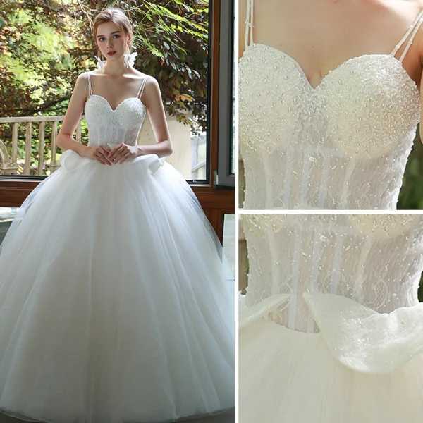 Chic / Beautiful Ivory Wedding Dresses 2019 A-Line / Princess Spaghetti Straps Pearl Lace Flower Sleeveless Backless Floor-Length / Long