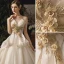 Edles Champagner Brautkleider / Hochzeitskleider 2019 A Linie Bandeau Applikationen Perle Pailletten Spitze Blumen Ärmellos Rückenfreies Fallende Rüsche Königliche Schleppe