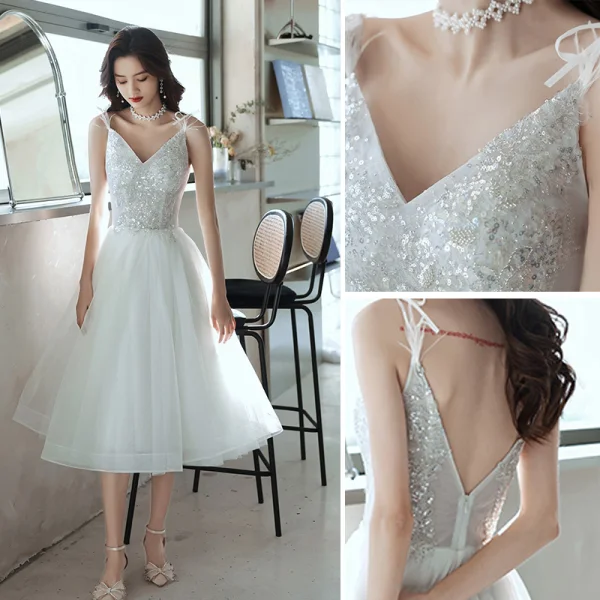 Sexy Grey Evening Dresses  2018 A-Line / Princess Lace Appliques Scoop Neck 3/4 Sleeve Short High Low Formal Dresses