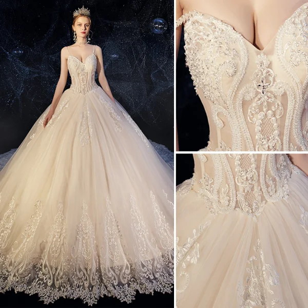 High-end Champagne Wedding Dresses 2019 A-Line / Princess Spaghetti Straps Beading Crystal Lace Flower Sleeveless Backless Royal Train