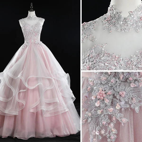 Classy Blushing Pink Prom Dresses 2019 Ball Gown High Neck Beading Sequins Pearl Lace Flower Sleeveless Backless Cascading Ruffles Floor-Length / Long Formal Dresses