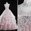 Classy Blushing Pink Prom Dresses 2019 Ball Gown High Neck Beading Sequins Pearl Lace Flower Sleeveless Backless Cascading Ruffles Floor-Length / Long Formal Dresses