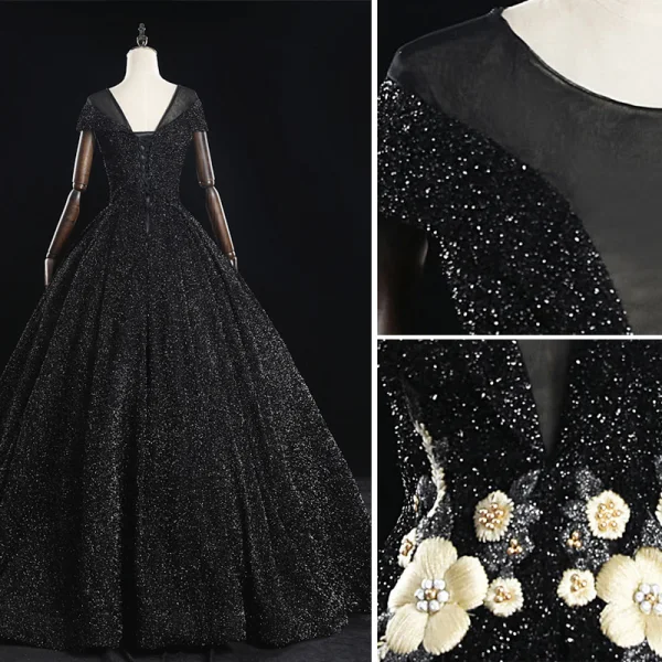 Classy Black Prom Dresses 2019 A-Line / Princess Scoop Neck Beading Crystal Pearl Rhinestone Lace Flower Short Sleeve Backless Floor-Length / Long Formal Dresses
