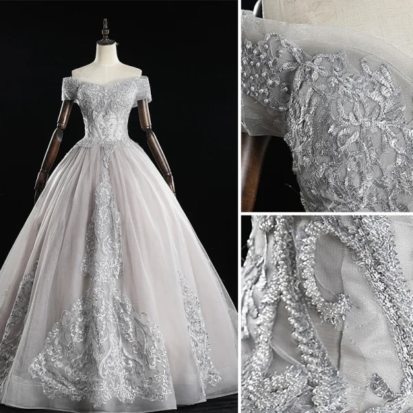 Elegant Grey Prom Dresses 2019 A-Line / Princess Off-The-Shoulder Pearl Lace Flower Short Sleeve Backless Floor-Length / Long Formal Dresses