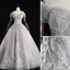 Elegant Grey Prom Dresses 2019 A-Line / Princess Off-The-Shoulder Pearl Lace Flower Short Sleeve Backless Floor-Length / Long Formal Dresses
