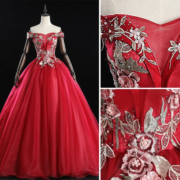 Chic / Beautiful Burgundy Prom Dresses 2019 Ball Gown Off-The-Shoulder Pearl Rhinestone Lace Flower Sleeveless Backless Floor-Length / Long Formal Dresses