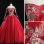 Chic / Beautiful Burgundy Prom Dresses 2019 Ball Gown Off-The-Shoulder Pearl Rhinestone Lace Flower Sleeveless Backless Floor-Length / Long Formal Dresses