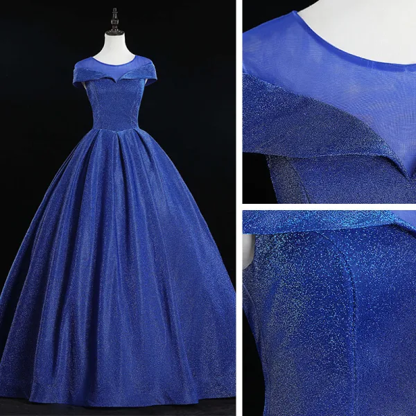 Elegant Royal Blue Prom Dresses 2019 Ball Gown Scoop Neck Glitter Tulle Cap Sleeves Backless Floor-Length / Long Formal Dresses