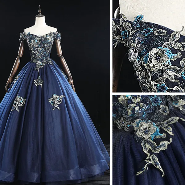 Vintage / Retro Navy Blue Prom Dresses 2019 A-Line / Princess Off-The-Shoulder Pearl Lace Flower Sleeveless Backless Floor-Length / Long Formal Dresses