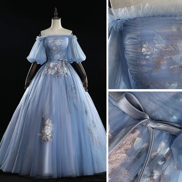 Chic / Beautiful Sky Blue Prom Dresses 2019 Ball Gown Off-The-Shoulder Bow Lace Flower Ruffle Short Sleeve Backless Floor-Length / Long Formal Dresses
