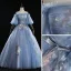 Chic / Beautiful Sky Blue Prom Dresses 2019 Ball Gown Off-The-Shoulder Bow Lace Flower Ruffle Short Sleeve Backless Floor-Length / Long Formal Dresses