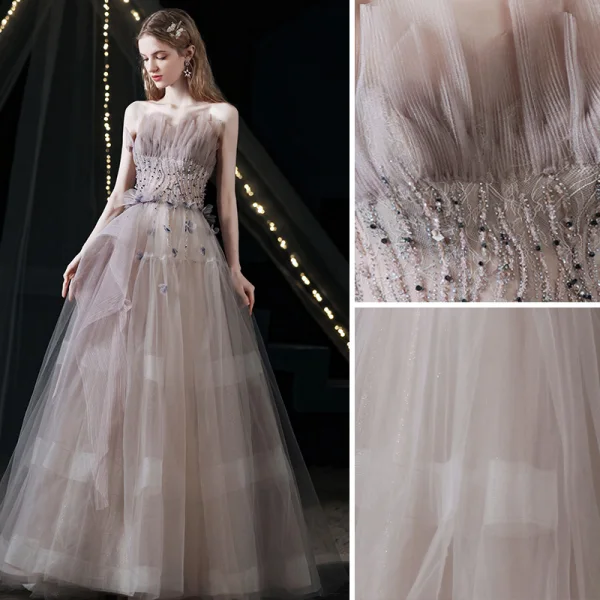 Charming Purple Prom Dresses 2021 A-Line / Princess Ruffle Strapless Beading Sleeveless Backless Floor-Length / Long Formal Dresses