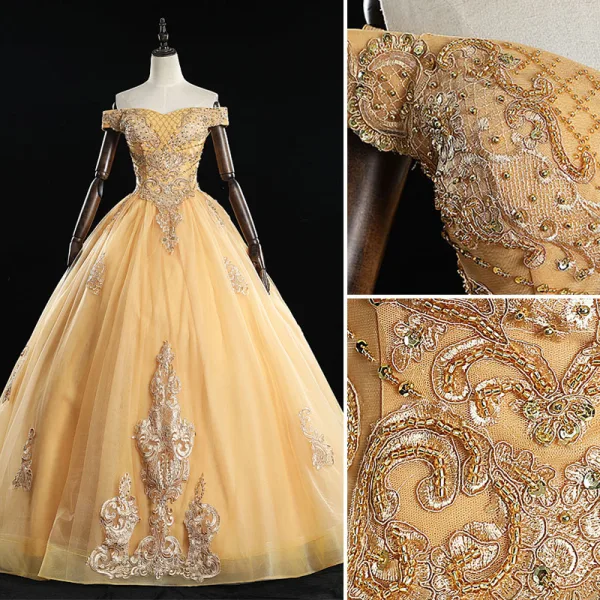 Classic Gold Quinceañera Prom Dresses 2019 Ball Gown Off-The-Shoulder Beading Sequins Lace Flower Sleeveless Backless Floor-Length / Long Formal Dresses