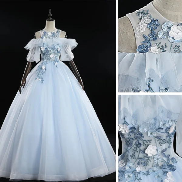 Classy Sky Blue Prom Dresses 2019 Ball Gown Scoop Neck Pearl Lace Flower Appliques Short Sleeve Backless Floor-Length / Long Formal Dresses