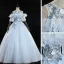 Classy Sky Blue Prom Dresses 2019 Ball Gown Scoop Neck Pearl Lace Flower Appliques Short Sleeve Backless Floor-Length / Long Formal Dresses