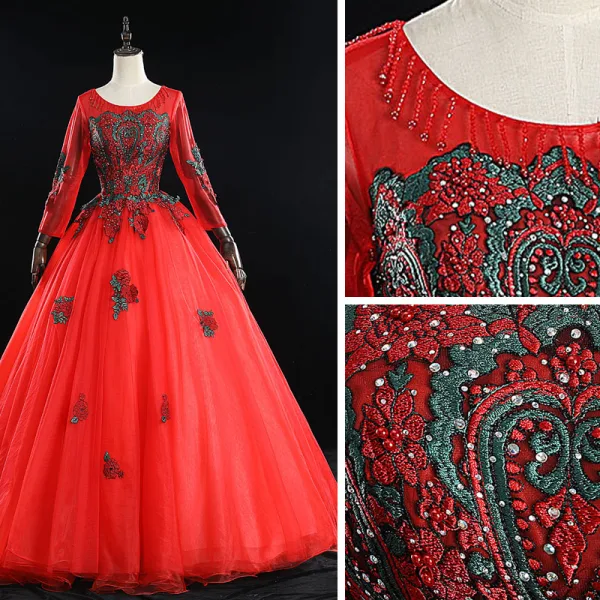 Elegant Red Prom Dresses 2019 Ball Gown Scoop Neck Beading Tassel Rhinestone Lace Flower Long Sleeve Backless Floor-Length / Long Formal Dresses