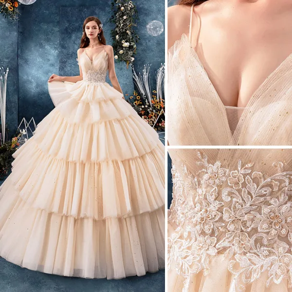 High-end Champagne Wedding Dresses 2019 Ball Gown Spaghetti Straps Beading Sequins Lace Flower Sleeveless Backless Cascading Ruffles Royal Train