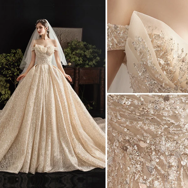 Charming Champagne Wedding Dresses 2019 A-Line / Princess Off-The-Shoulder Beading Sequins Lace Flower Sleeveless Backless Cathedral Train