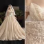 Charming Champagne Wedding Dresses 2019 A-Line / Princess Off-The-Shoulder Beading Sequins Lace Flower Sleeveless Backless Cathedral Train