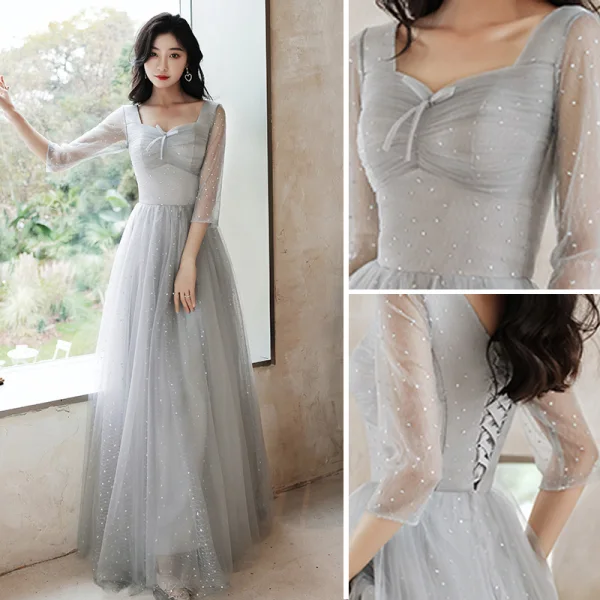Modern / Fashion Grey Bridesmaid Dresses 2021 A-Line / Princess Scoop Neck Sequins 3/4 Sleeve Backless Floor-Length / Long Wedding Party Dresses