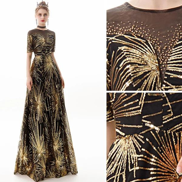 Chic / Beautiful Black Gold Evening Dresses 2019 A-Line / Princess Scoop Neck Sequins Rhinestone Short Sleeve Floor-Length / Long Formal Dresses