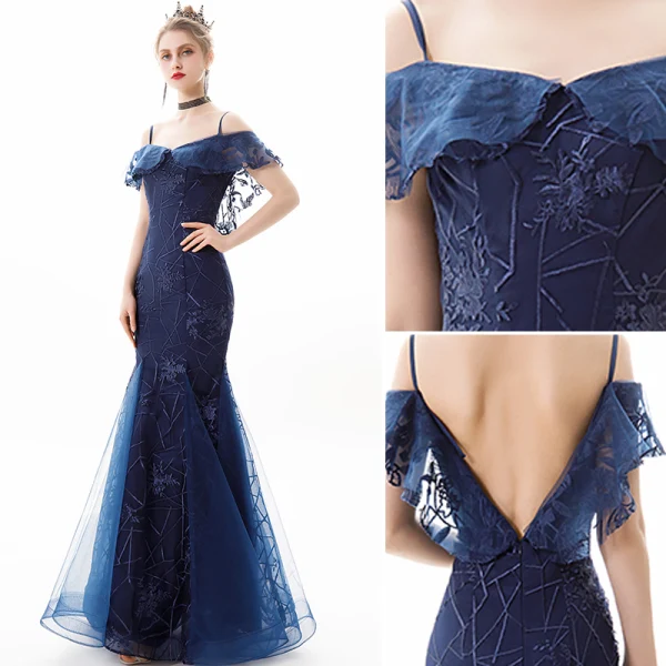 Charmant Bleu Marine Robe De Soirée 2019 Trompette / Sirène De l'épaule En Dentelle Fleur Manches Courtes Dos Nu Longue Robe De Ceremonie