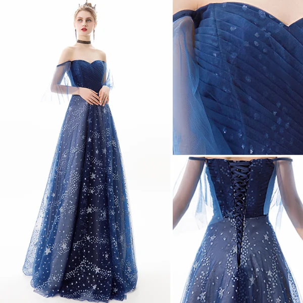 Stylowe / Modne Granatowe Sukienki Wieczorowe 2019 Princessa Przy Ramieniu Gwiazda Cekiny Kótkie Rękawy Bez Pleców Długie Sukienki Wizytowe