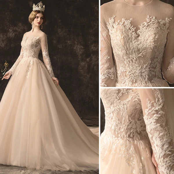 Élégant Champagne Robe De Mariée 2019 Princesse Encolure Dégagée En Dentelle Fleur Manches Longues Dos Nu Chapel Train
