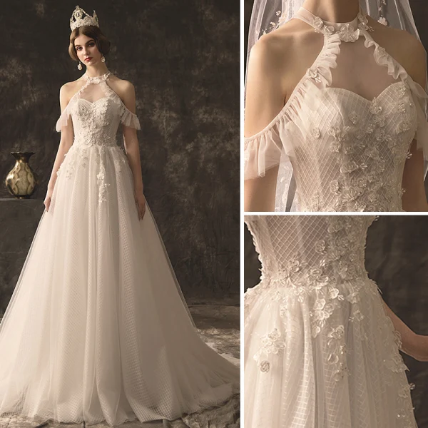 Charmant Ivory / Creme Brautkleider / Hochzeitskleider 2019 A Linie Neckholder Perlenstickerei Pailletten Spitze Blumen Ärmellos Rückenfreies Hof-Schleppe