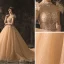 High-end Champagne Wedding Dresses 2019 A-Line / Princess High Neck Beading Sequins Lace Flower Short Sleeve Tassel Backless Cathedral Train