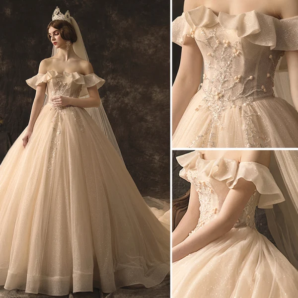 High-end Champagne Wedding Dresses 2019 A-Line / Princess Off-The-Shoulder Beading Sequins Lace Flower Sleeveless Backless Glitter Royal Train