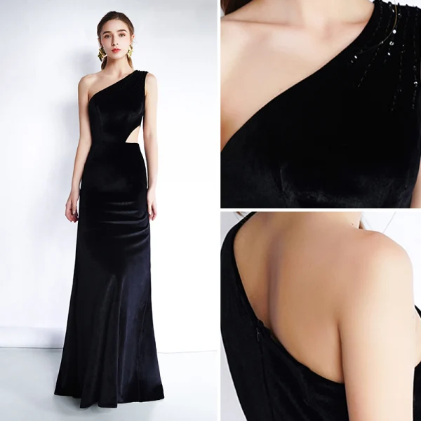 Chic / Beautiful Black Evening Dresses 2019 Trumpet / Mermaid Suede One-Shoulder Sleeveless Backless Floor-Length / Long Formal Dresses