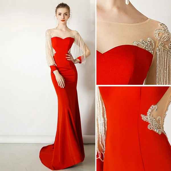 Luxury / Gorgeous Red Evening Dresses  2019 Trumpet / Mermaid Scoop Neck Lace Flower Long Sleeve Beading Tassel Sweep Train Formal Dresses