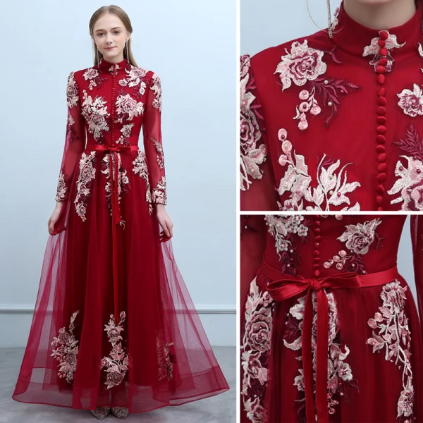 Chinese style Burgundy Evening Dresses  2019 A-Line / Princess High Neck Buttons Beading Bow Lace Flower Long Sleeve Backless Floor-Length / Long Formal Dresses