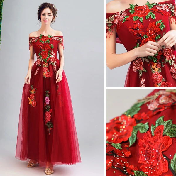 Fée Des Fleurs Rouge Robe De Bal 2019 Princesse De l'épaule Faux Diamant En Dentelle Appliques Manches Courtes Dos Nu Longue Robe De Ceremonie