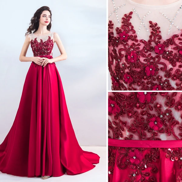 Chic / Beautiful Burgundy Evening Dresses 2019 A-Line / Princess Scoop Neck Beading Appliques Lace Flower Pearl Rhinestone Sequins Sleeveless Court Train Formal Dresses
