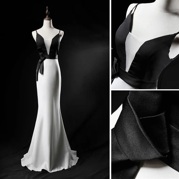 Classy Black White Evening Dresses 2019 Trumpet Mermaid Spaghetti Straps Sleeveless