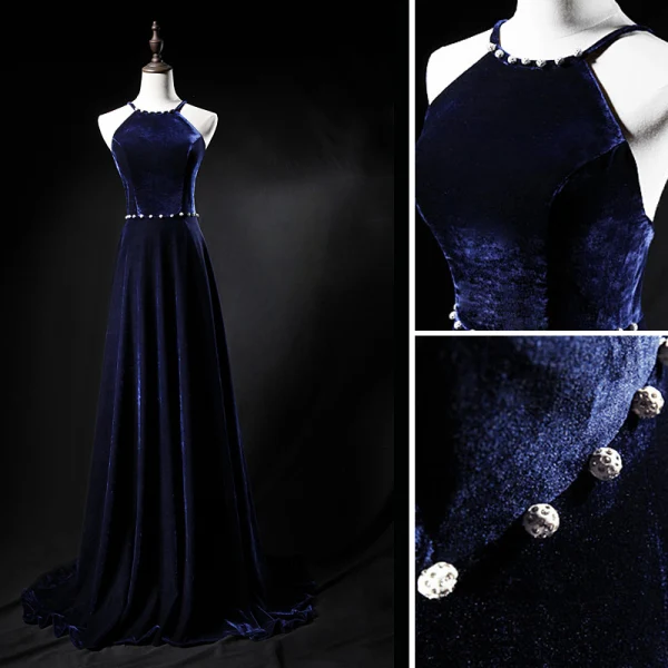 Sexy Marineblau Abendkleider 2019 A Linie Wildleder Neckholder Ärmellos Rückenfreies Sweep / Pinsel Zug Festliche Kleider