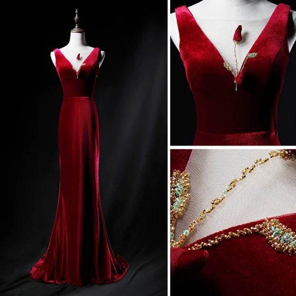 Classic Burgundy Evening Dresses 2019 Trumpet / Mermaid Suede Square Neckline Beading Sleeveless Backless Sweep Train Formal Dresses