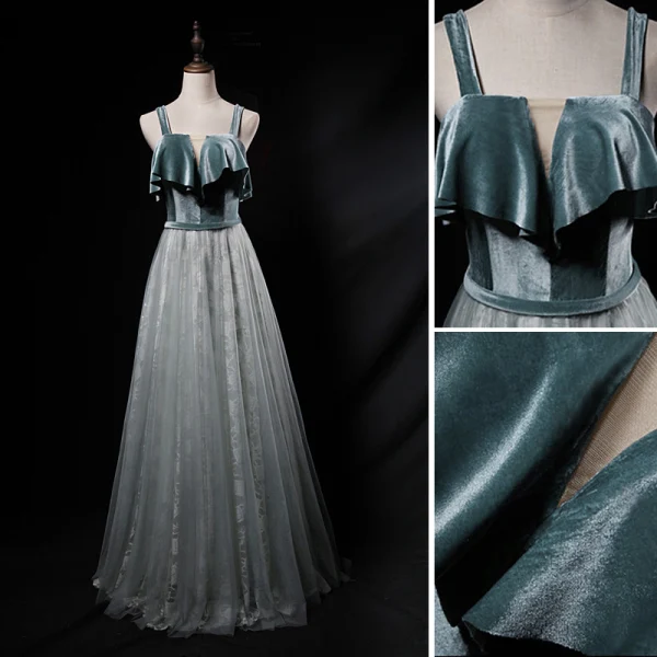Chic / Beautiful Jade Green Evening Dresses 2019 A-Line / Princess Spaghetti Straps Suede Sleeveless Backless Floor-Length / Long Formal Dresses