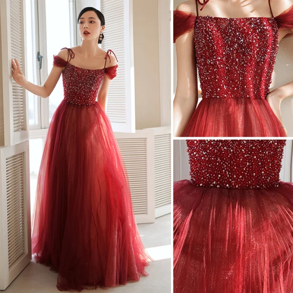 Charmant Bordeaux Robe De Soirée 2021 Princesse Bretelles Spaghetti Perlage Paillettes Sans Manches Dos Nu Longue Soirée Robe De Ceremonie