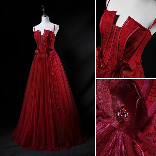 Chic / Belle Bordeaux Robe De Soirée 2019 Princesse Bretelles Spaghetti En Dentelle Fleur Paillettes Faux Diamant Sans Manches Dos Nu Longue Robe De Ceremonie