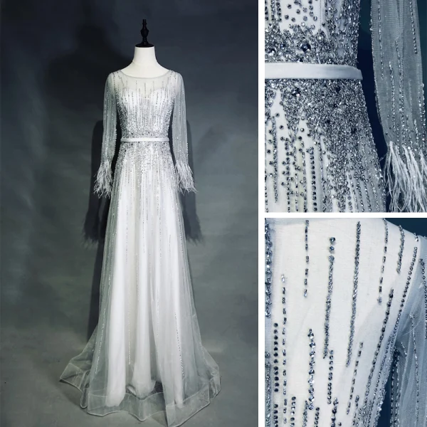 Haut de Gamme Champagne Robe De Soirée 2019 Princesse Encolure Dégagée Fait main Perlage Faux Diamant Ceinture Manches Longues Plumes Longue Robe De Ceremonie