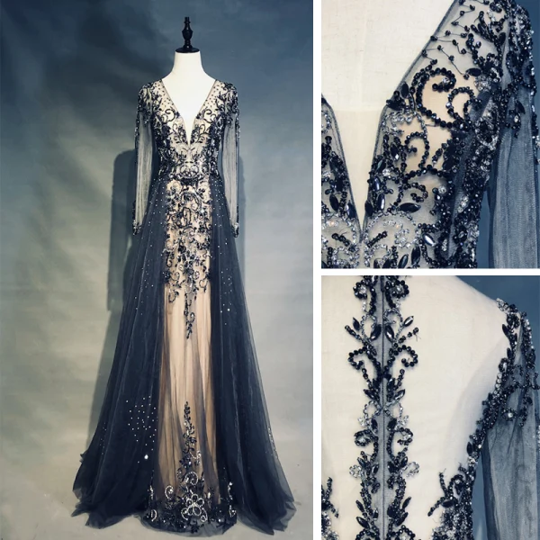 High End Marineblau Abendkleider 2019 A Linie V-Ausschnitt Handgefertigt Perlenstickerei Kristall Strass Lange Ärmel Sweep / Pinsel Zug Festliche Kleider