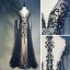 High End Marineblau Abendkleider 2019 A Linie V-Ausschnitt Handgefertigt Perlenstickerei Kristall Strass Lange Ärmel Sweep / Pinsel Zug Festliche Kleider