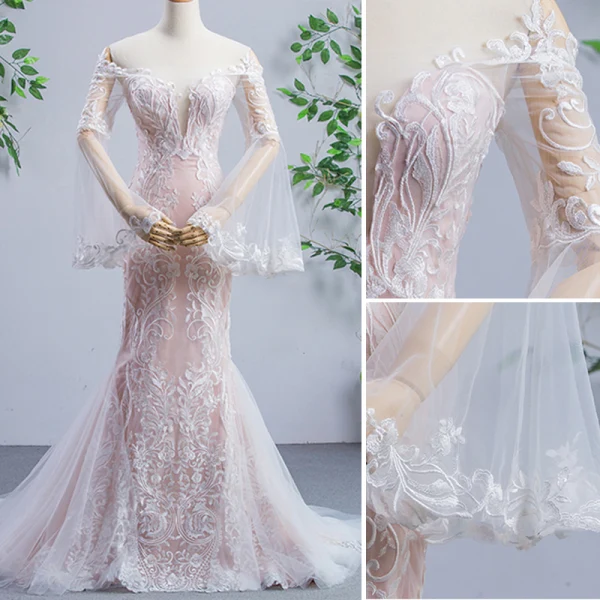 Charming Ivory Wedding Dresses 2023 Trumpet / Mermaid Off-The-Shoulder Lace Flower Long Sleeve Backless Chapel Train